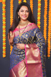 Navy Blue Handloom Silk Kanjivaram Saree With Zari Weaving