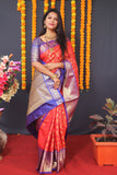 Red Handloom Silk Kanjivaram Saree With Zari Weaving