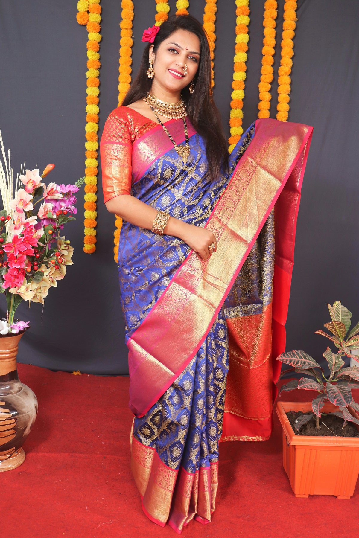 Blue Handloom Silk Kanjivaram Saree With Zari Weaving