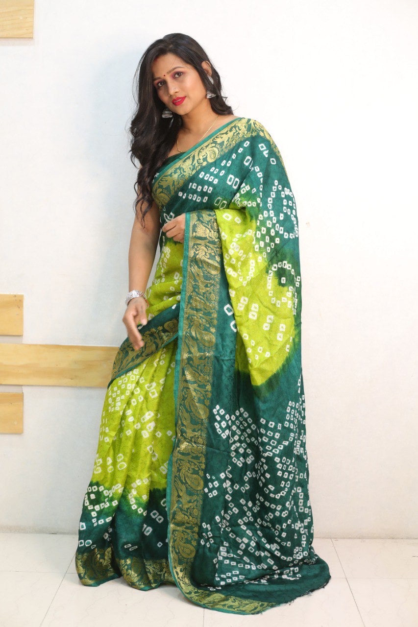 Green Pure Bandhani Silk Saree Made By Original Bandhej With Zari Weaving