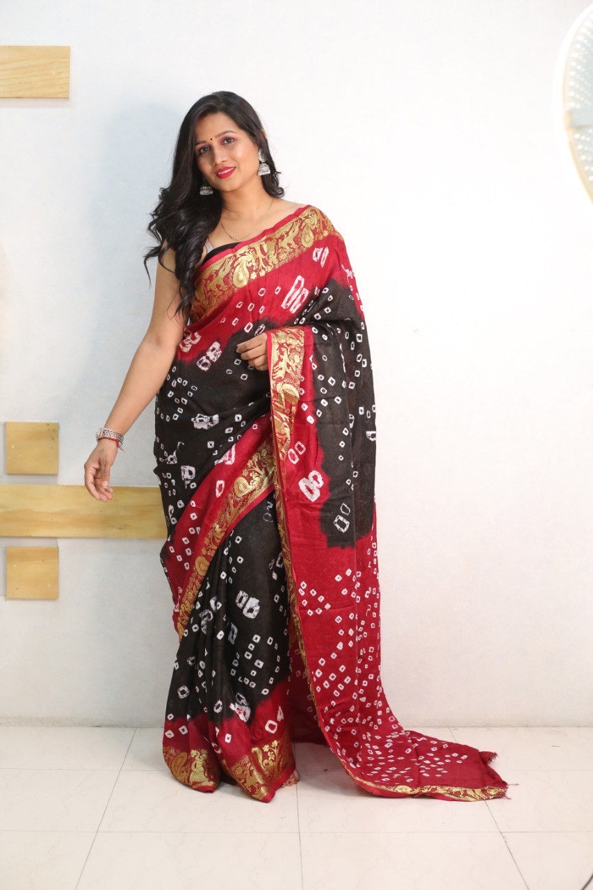 Black Pure Bandhani Silk Saree Made By Original Bandhej With Zari Weaving