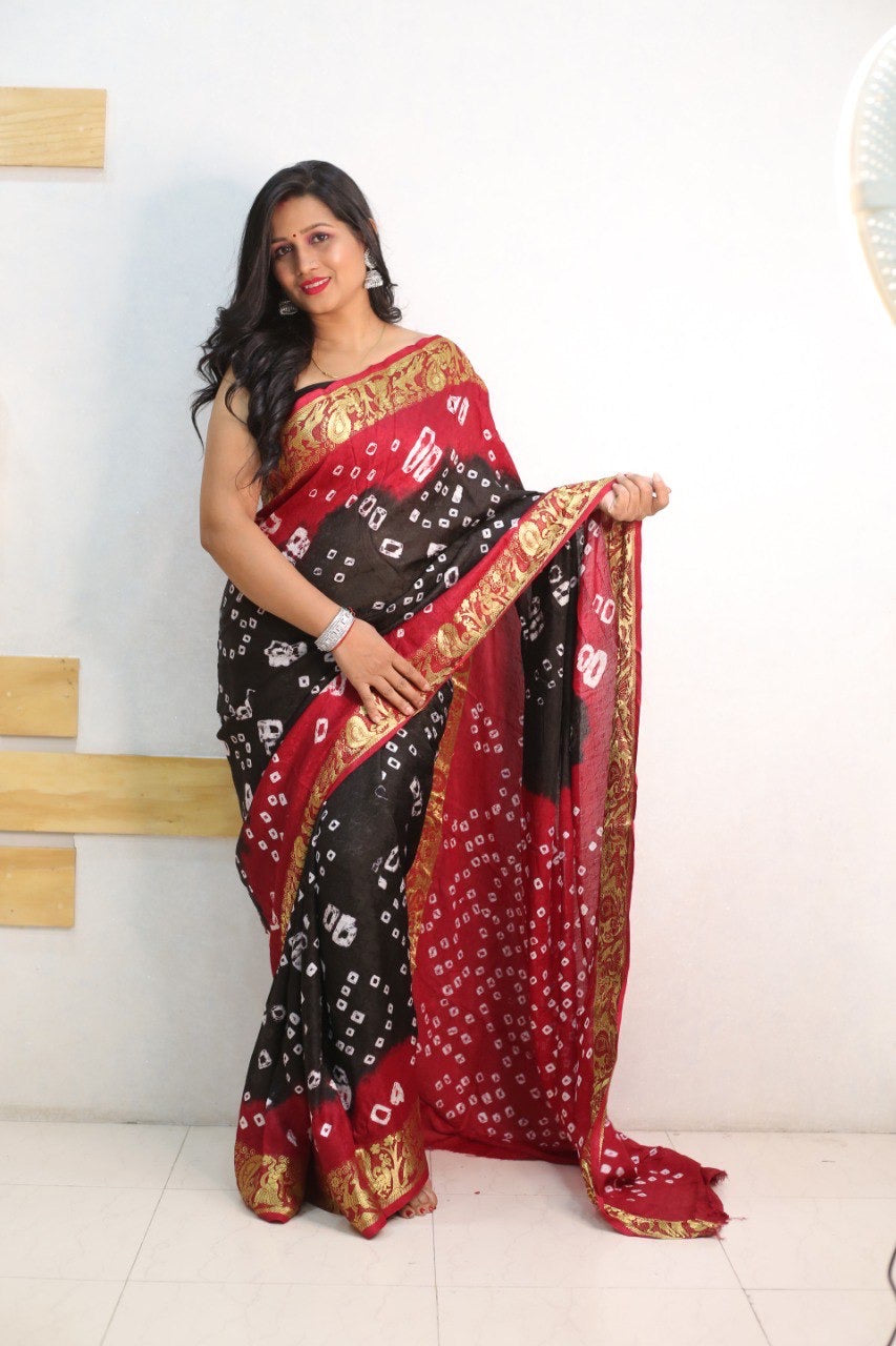 Black Pure Bandhani Silk Saree Made By Original Bandhej With Zari Weaving