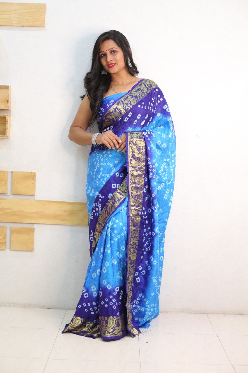 Sky Pure Bandhani Silk Saree Made By Original Bandhej With Zari Weaving