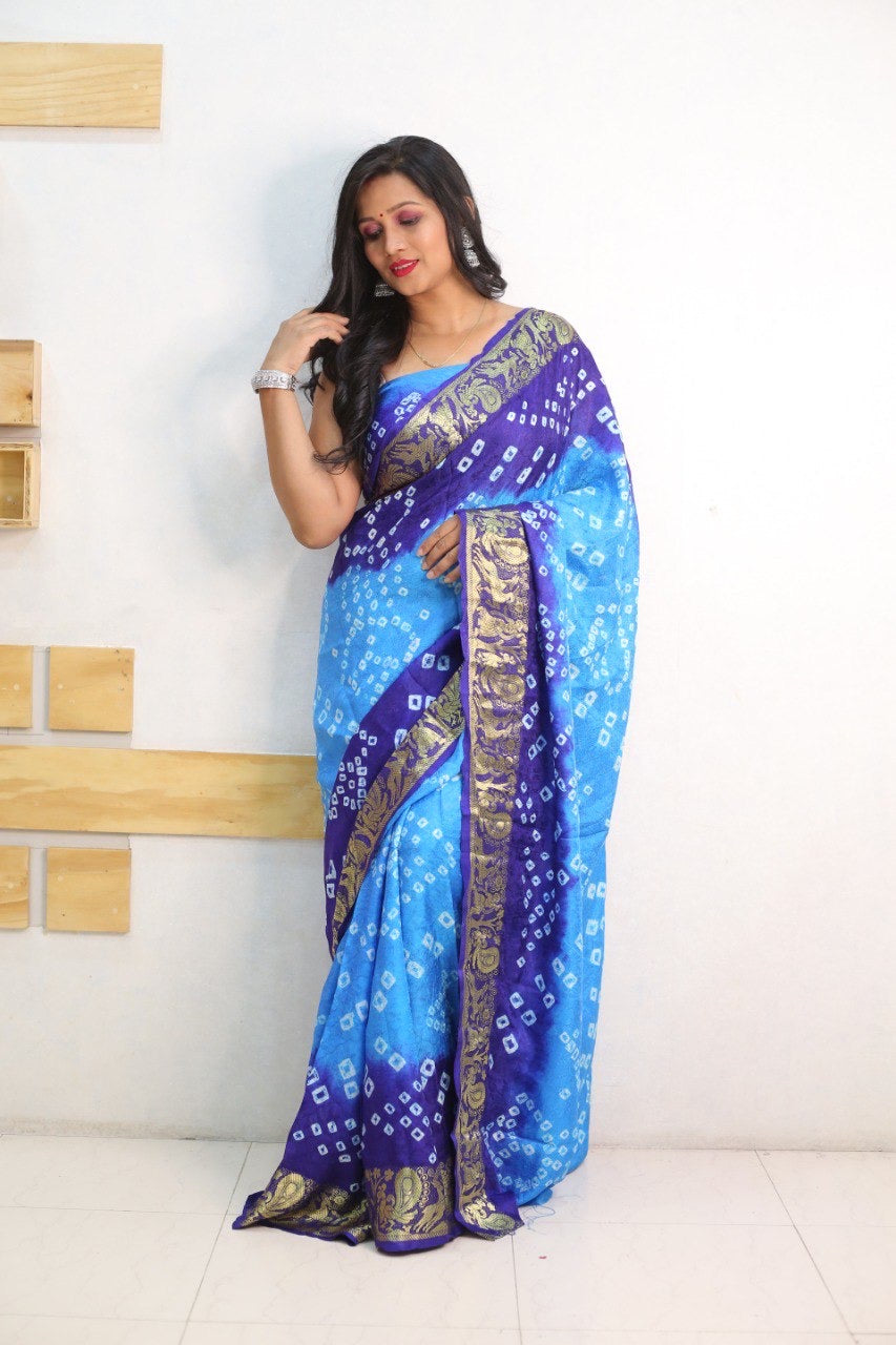 Sky Pure Bandhani Silk Saree Made By Original Bandhej With Zari Weaving