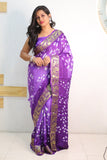 Purple Pure Bandhani Silk Saree Made By Original Bandhej With Zari Weaving