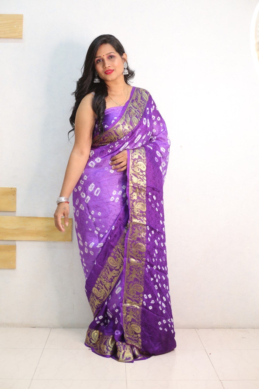 Purple Pure Bandhani Silk Saree Made By Original Bandhej With Zari Weaving