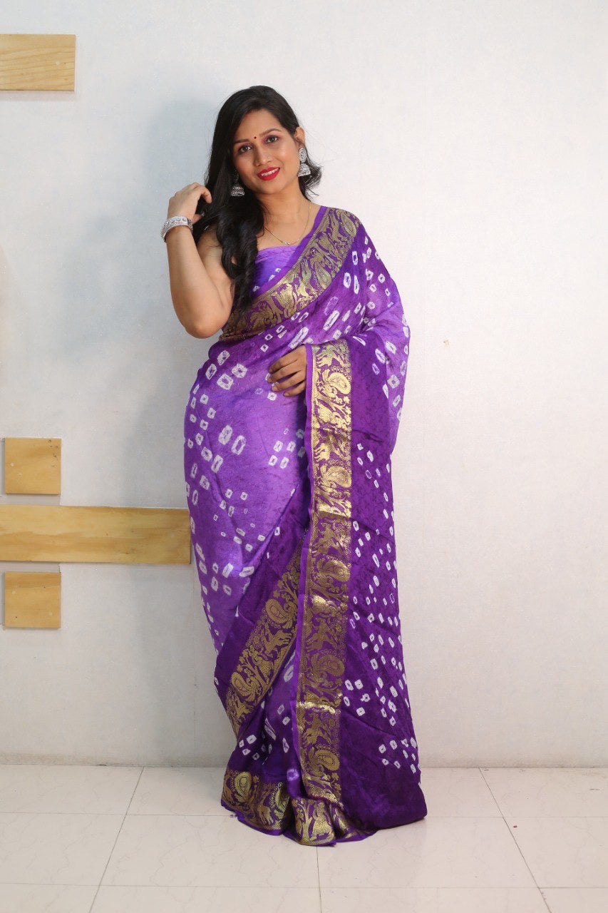 Purple Pure Bandhani Silk Saree Made By Original Bandhej With Zari Weaving