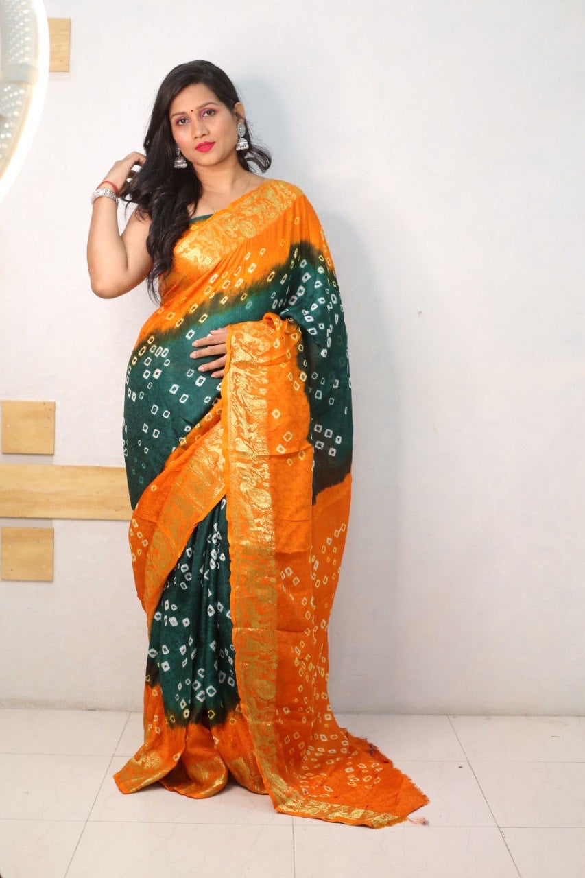 Orange And Green Pure Bandhani Silk Saree Made By Original Bandhej With Zari Weaving