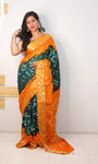 Orange And Green Pure Bandhani Silk Saree Made By Original Bandhej With Zari Weaving