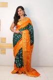 Orange And Green Pure Bandhani Silk Saree Made By Original Bandhej With Zari Weaving