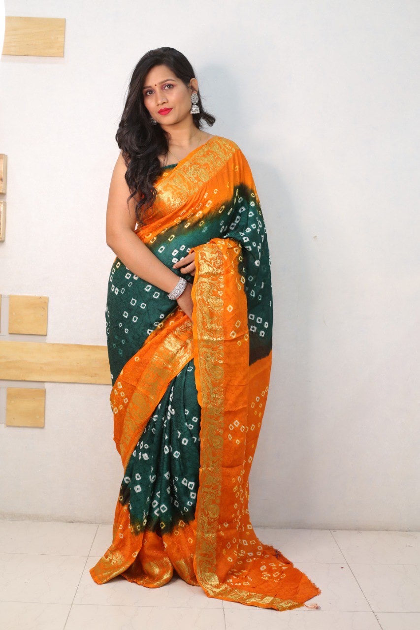 Orange And Green Pure Bandhani Silk Saree Made By Original Bandhej With Zari Weaving