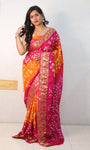 Pink And Orange Pure Bandhani Silk Saree Made By Original Bandhej With Zari Weaving