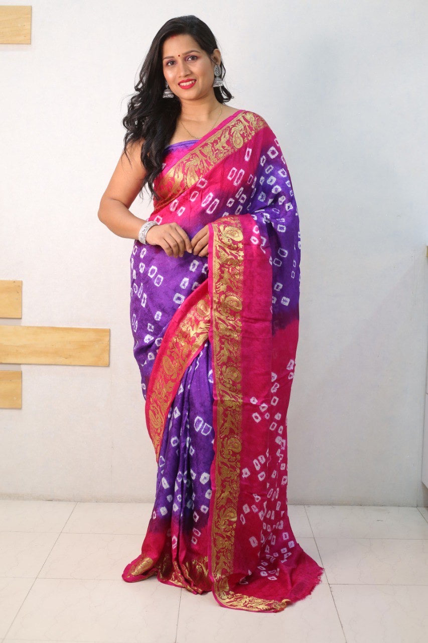 Pink And Purple Pure Bandhani Silk Saree Made By Original Bandhej With Zari Weaving