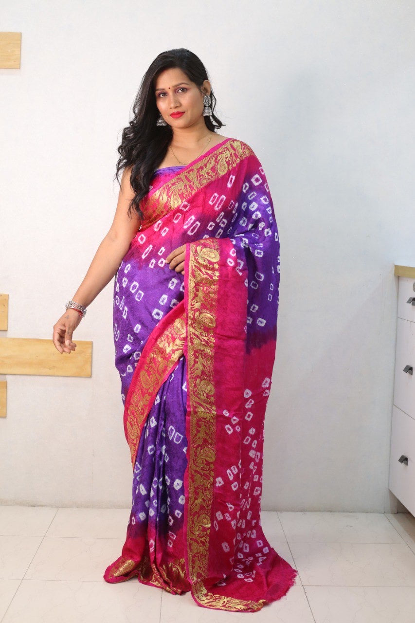 Pink And Purple Pure Bandhani Silk Saree Made By Original Bandhej With Zari Weaving