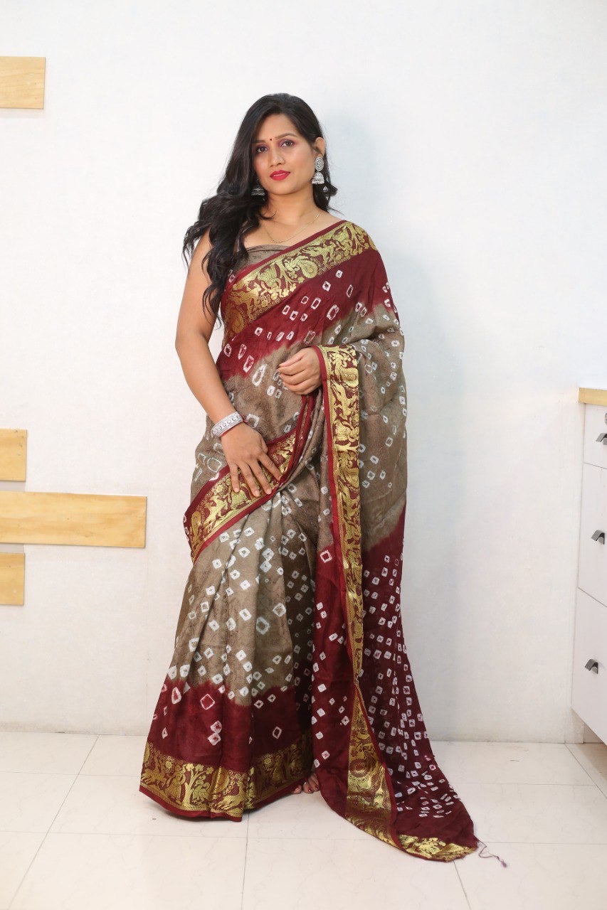 Maroon Pure Bandhani Silk Saree Made By Original Bandhej With Zari Weaving