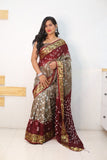 Maroon Pure Bandhani Silk Saree Made By Original Bandhej With Zari Weaving