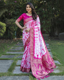 Pink And White Pure Shibory Soft Dola silk Saree With Zari Weaving