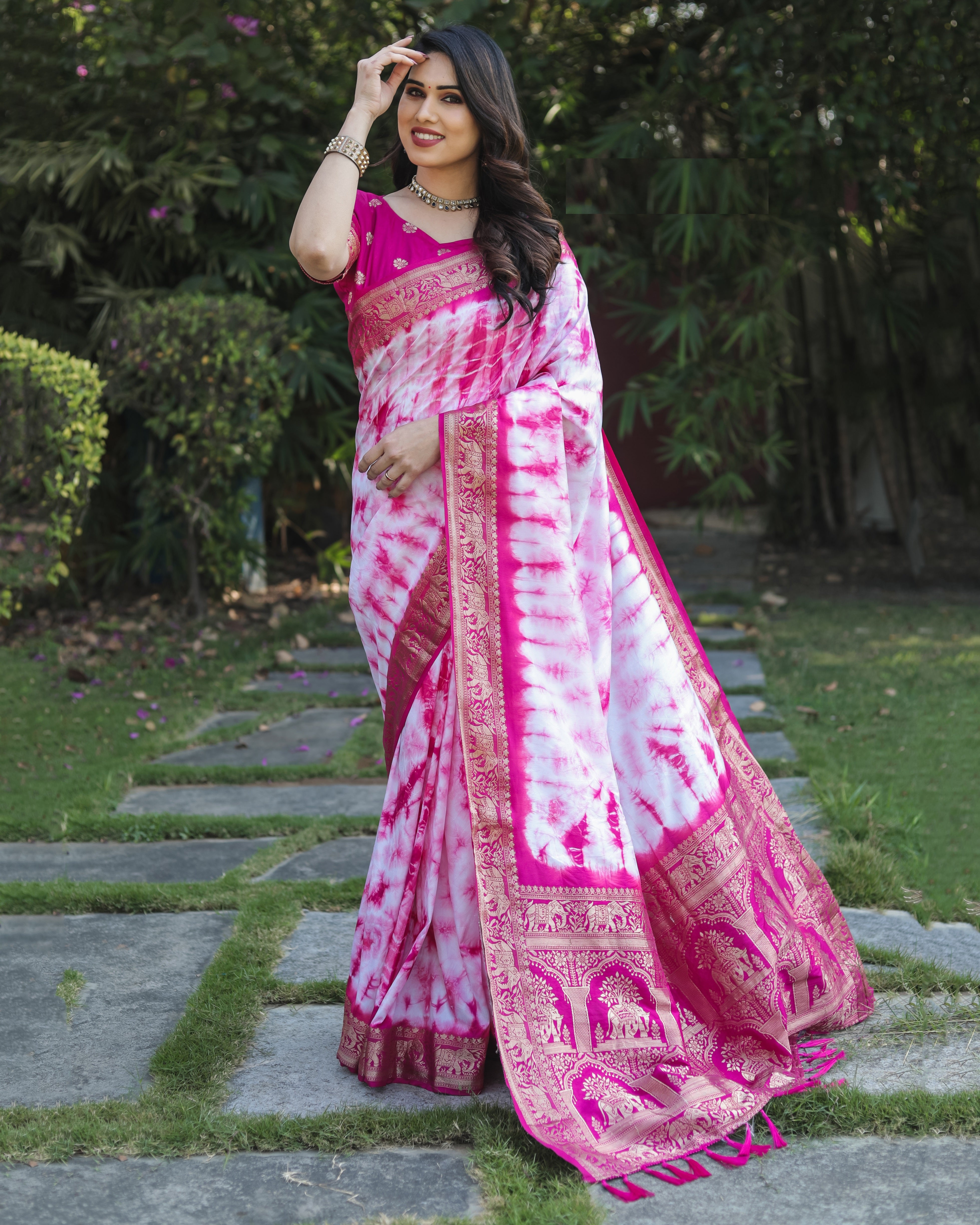 Pink And White Pure Shibory Soft Dola silk Saree With Zari Weaving