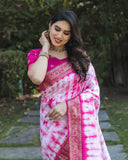 Pink And White Pure Shibory Soft Dola silk Saree With Zari Weaving