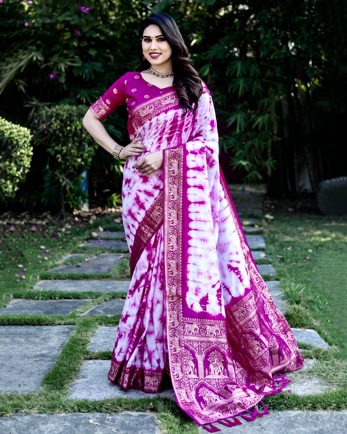 Purple And White Pure Shibory Soft Dola silk Saree With Zari Weaving