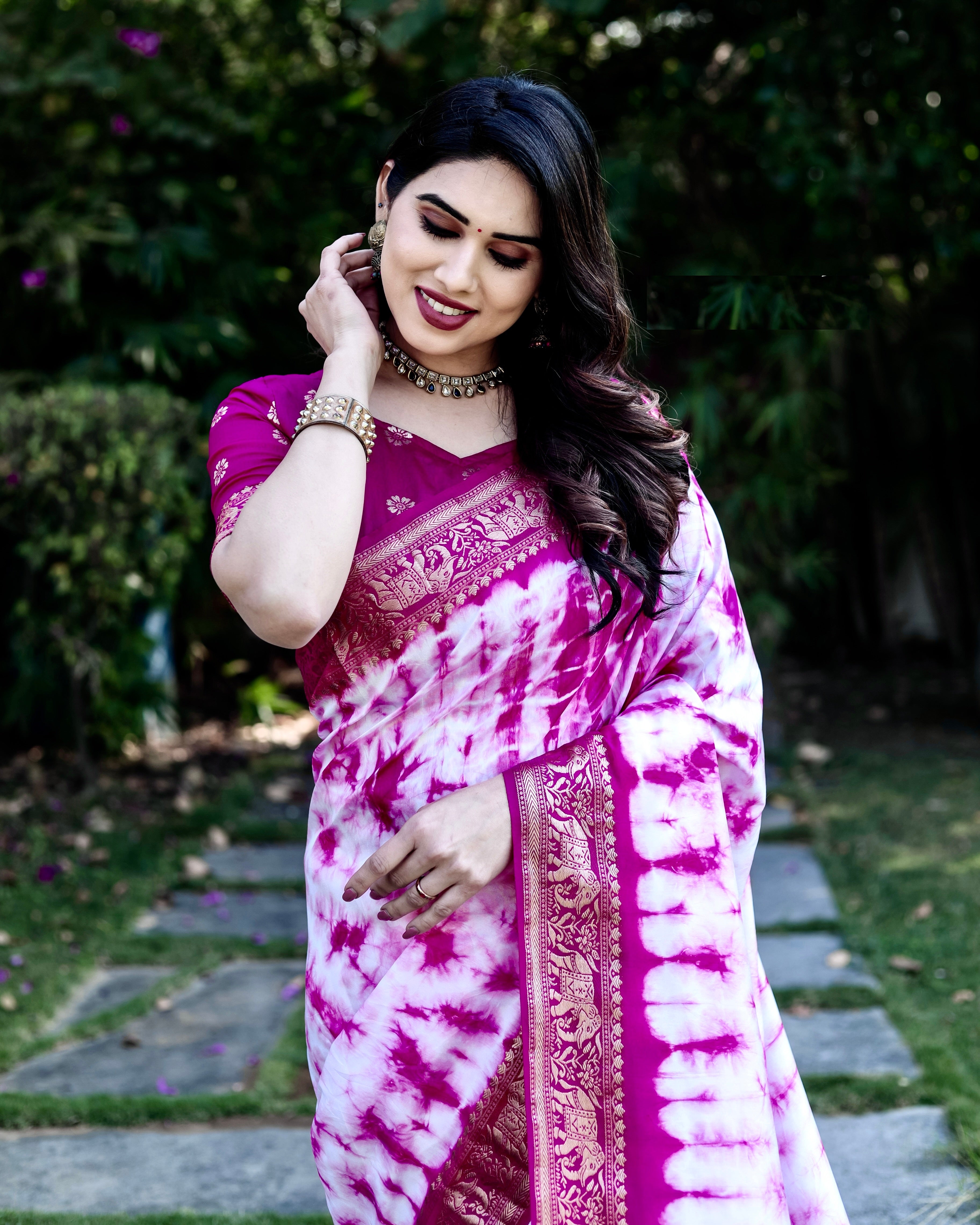 Purple And White Pure Shibory Soft Dola silk Saree With Zari Weaving