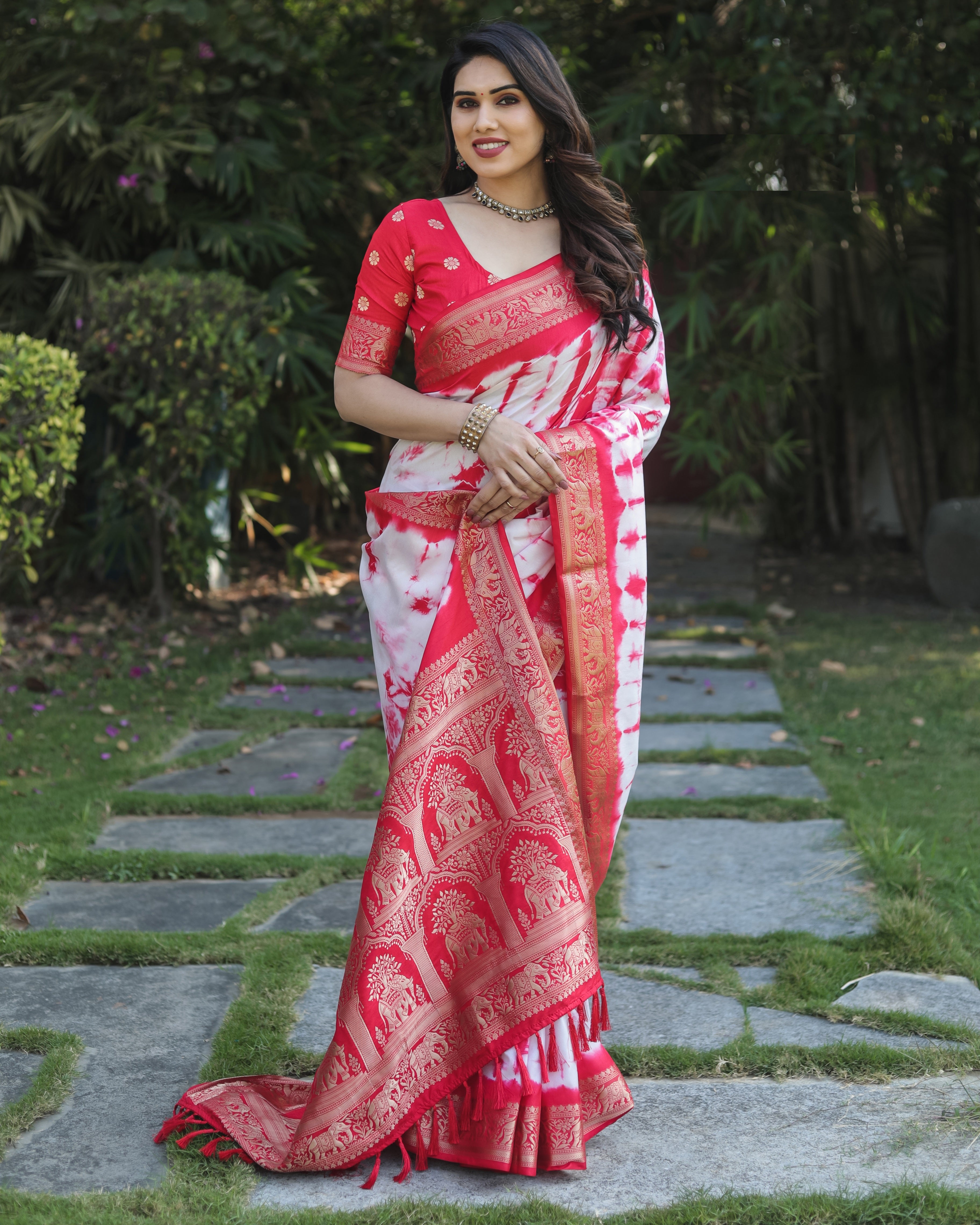 Red And White Pure Shibory Soft Dola silk Saree With Zari Weaving