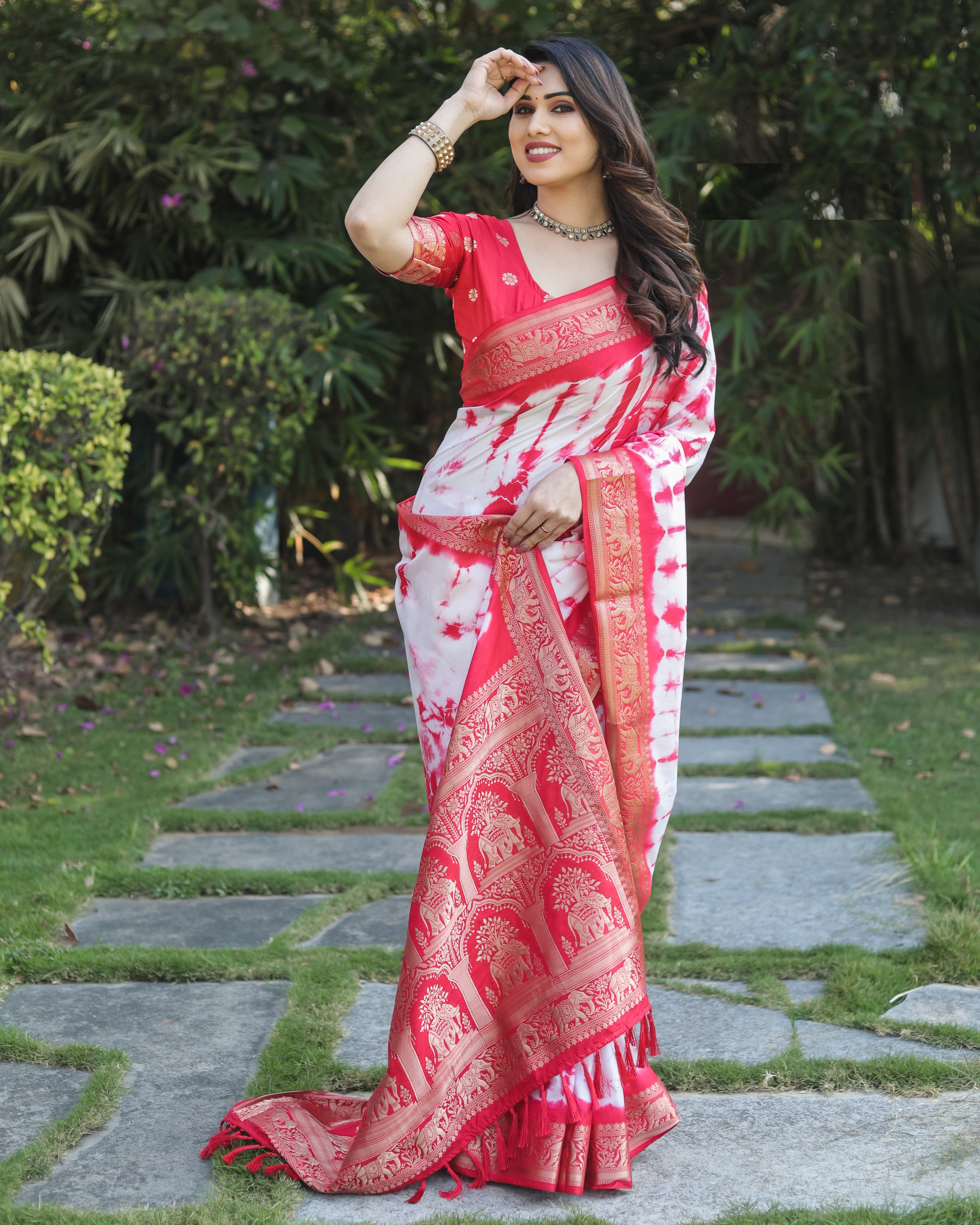 Red And White Pure Shibory Soft Dola silk Saree With Zari Weaving