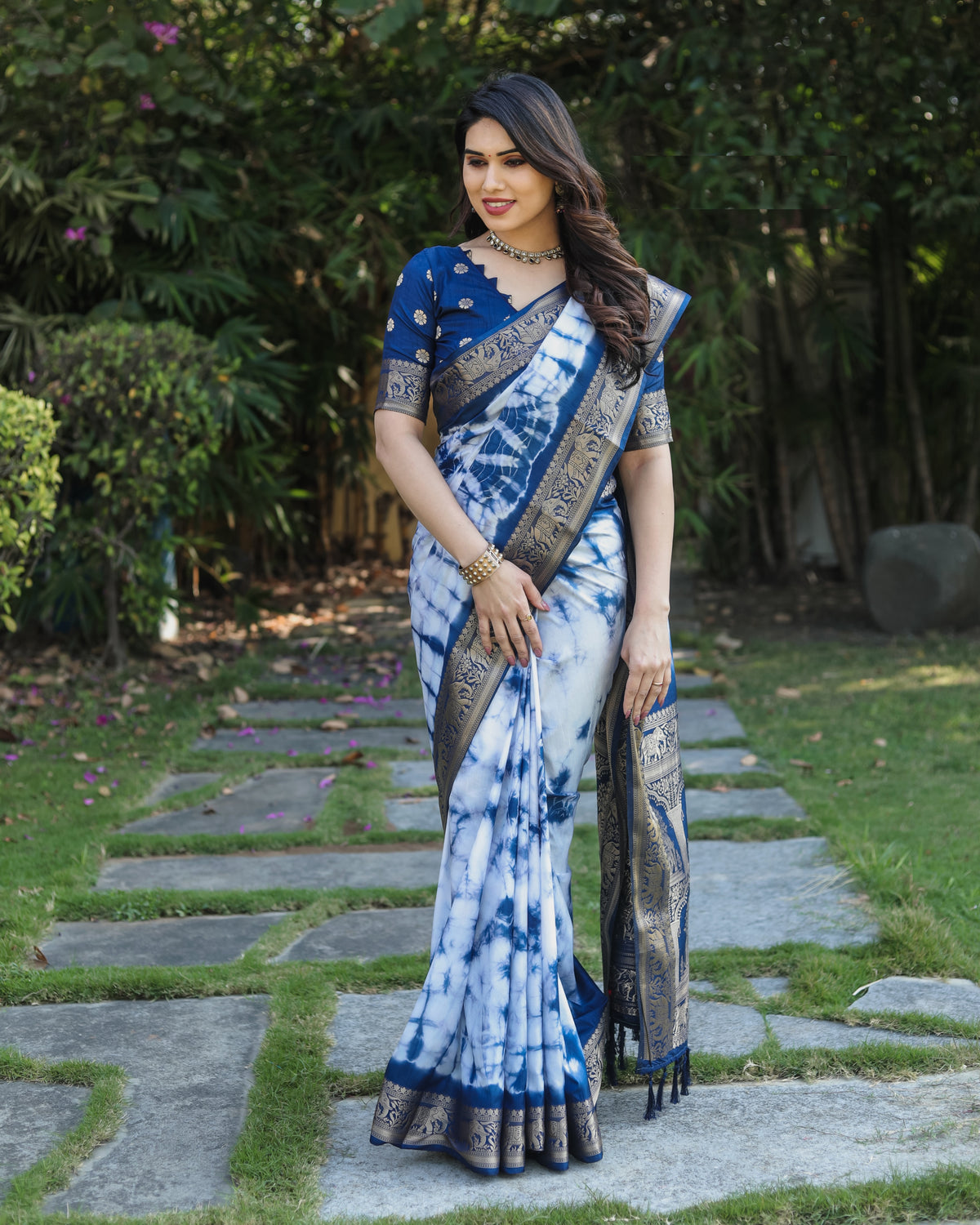 Blue And White Pure Shibory Soft Dola silk Saree With Zari Weaving