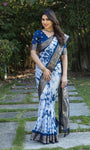 Blue And White Pure Shibory Soft Dola silk Saree With Zari Weaving