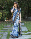 Blue And White Pure Shibory Soft Dola silk Saree With Zari Weaving