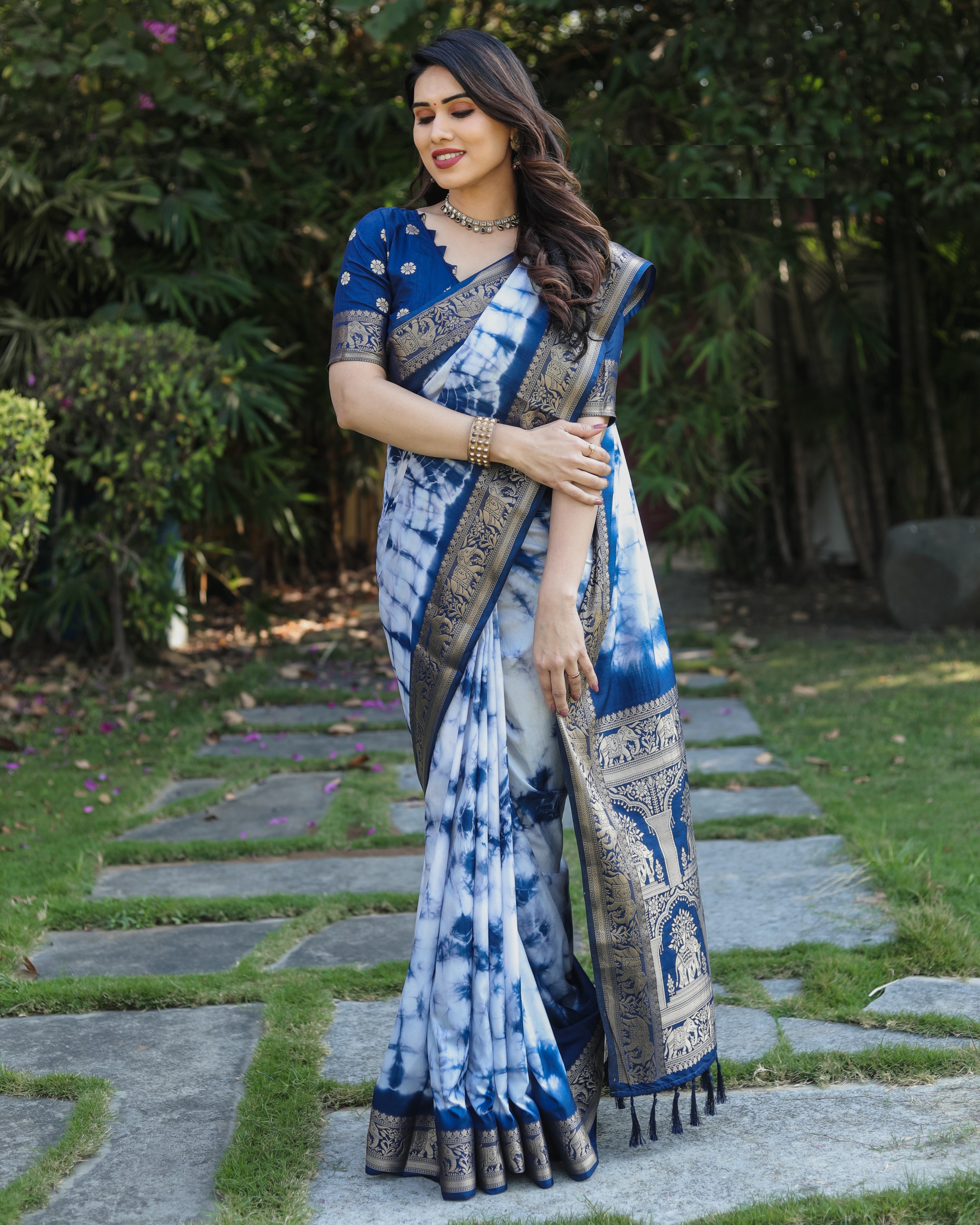 Blue And White Pure Shibory Soft Dola silk Saree With Zari Weaving