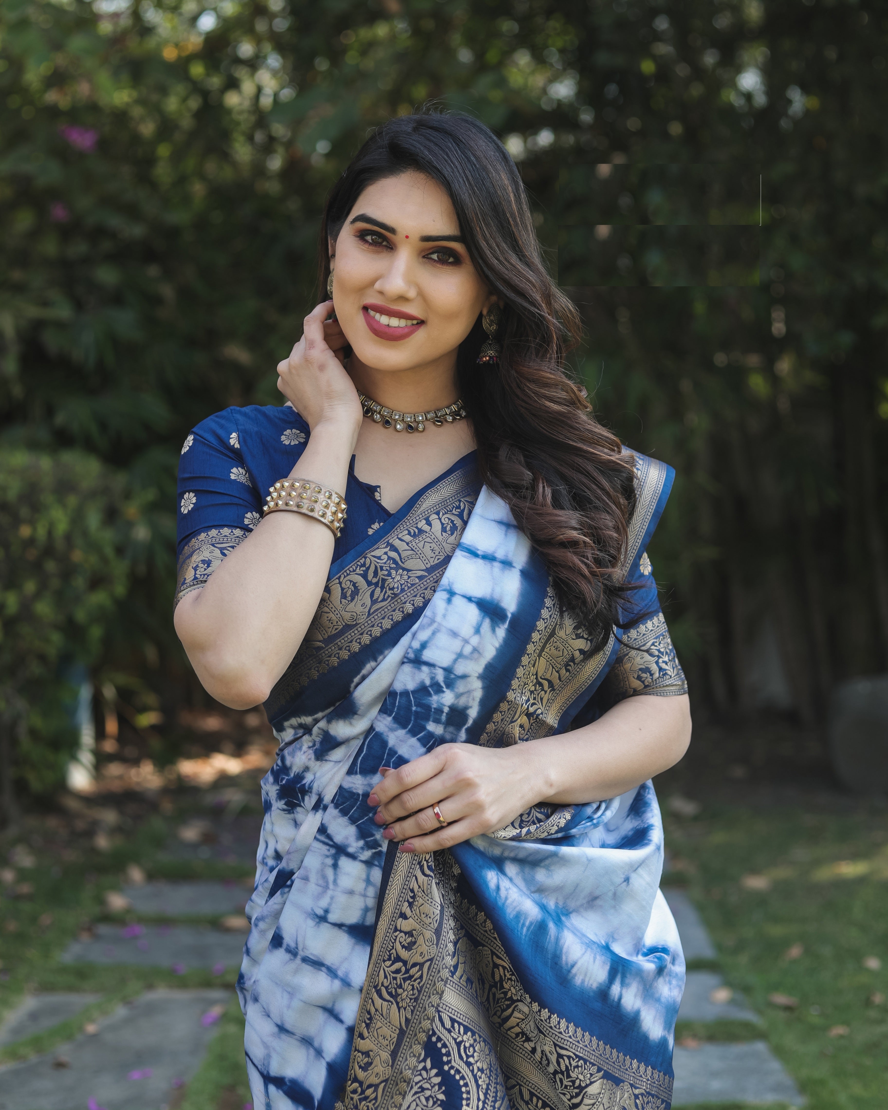 Blue And White Pure Shibory Soft Dola silk Saree With Zari Weaving