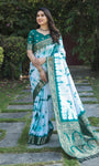 Green And White Pure Shibory Soft Dola silk Saree With Zari Weaving