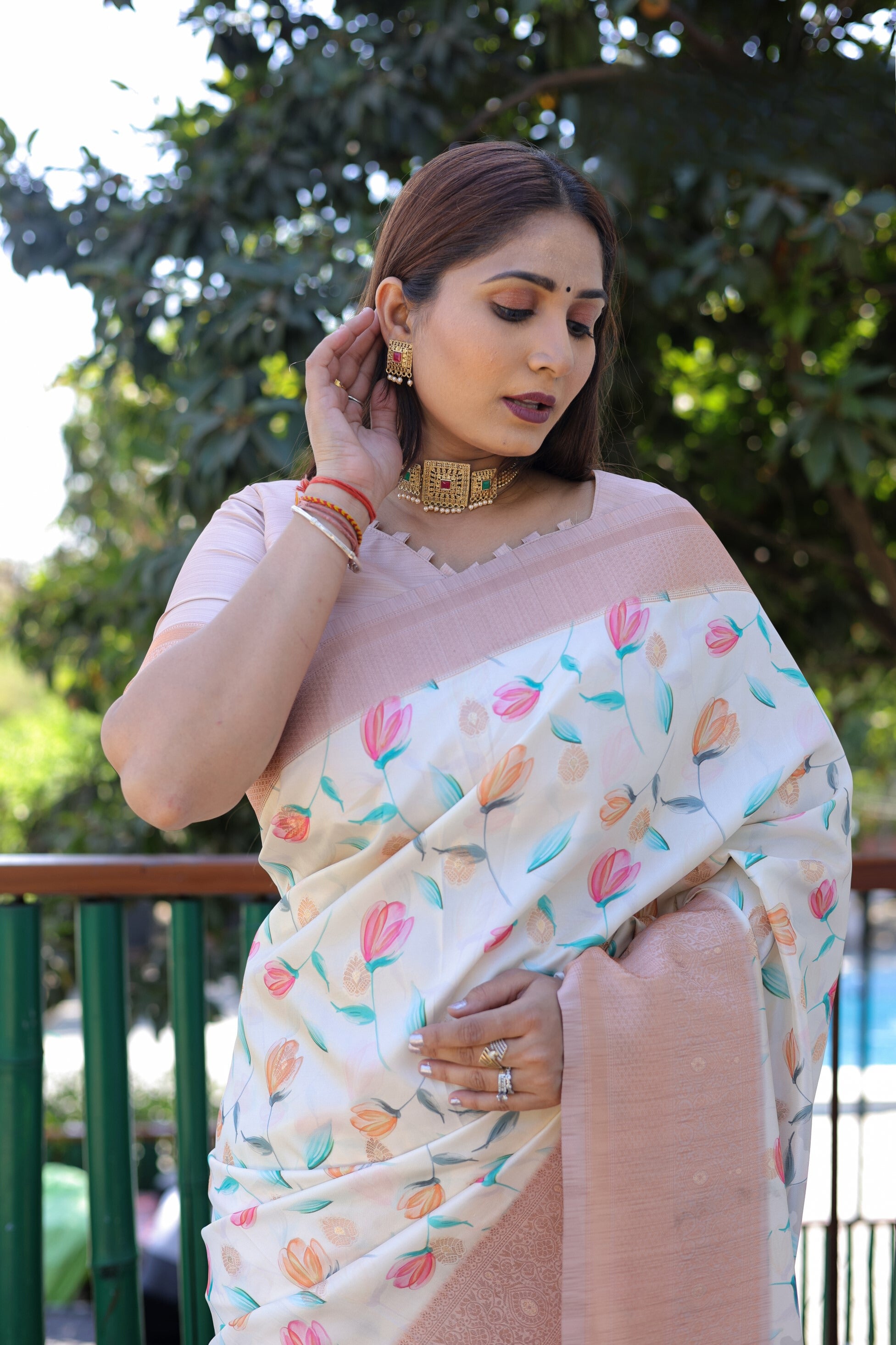 Peach Soft Silk Banarasi Saree With Digital Print