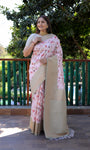 Cream Soft Silk Banarasi Saree With Digital Print