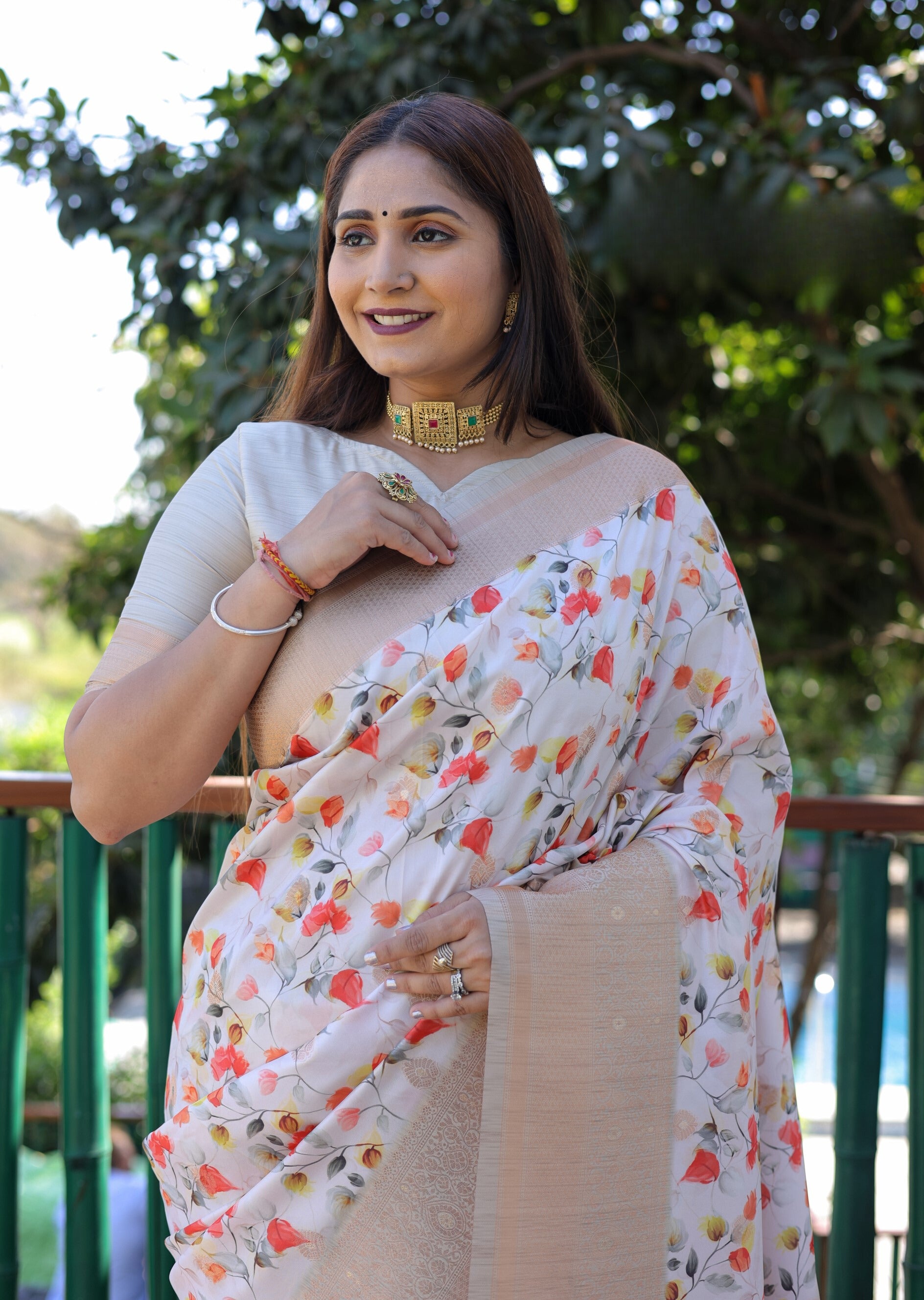 Off White Soft Silk Banarasi Saree With Digital Print