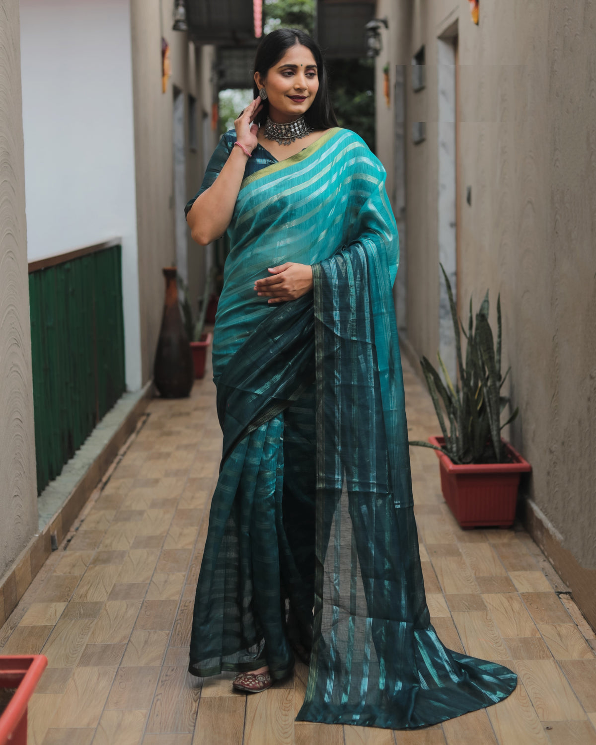 Green High Quality Original Soft Linen Silk Saree With Golden Weaving Stripe