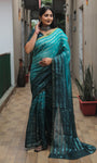 Green High Quality Original Soft Linen Silk Saree With Golden Weaving Stripe