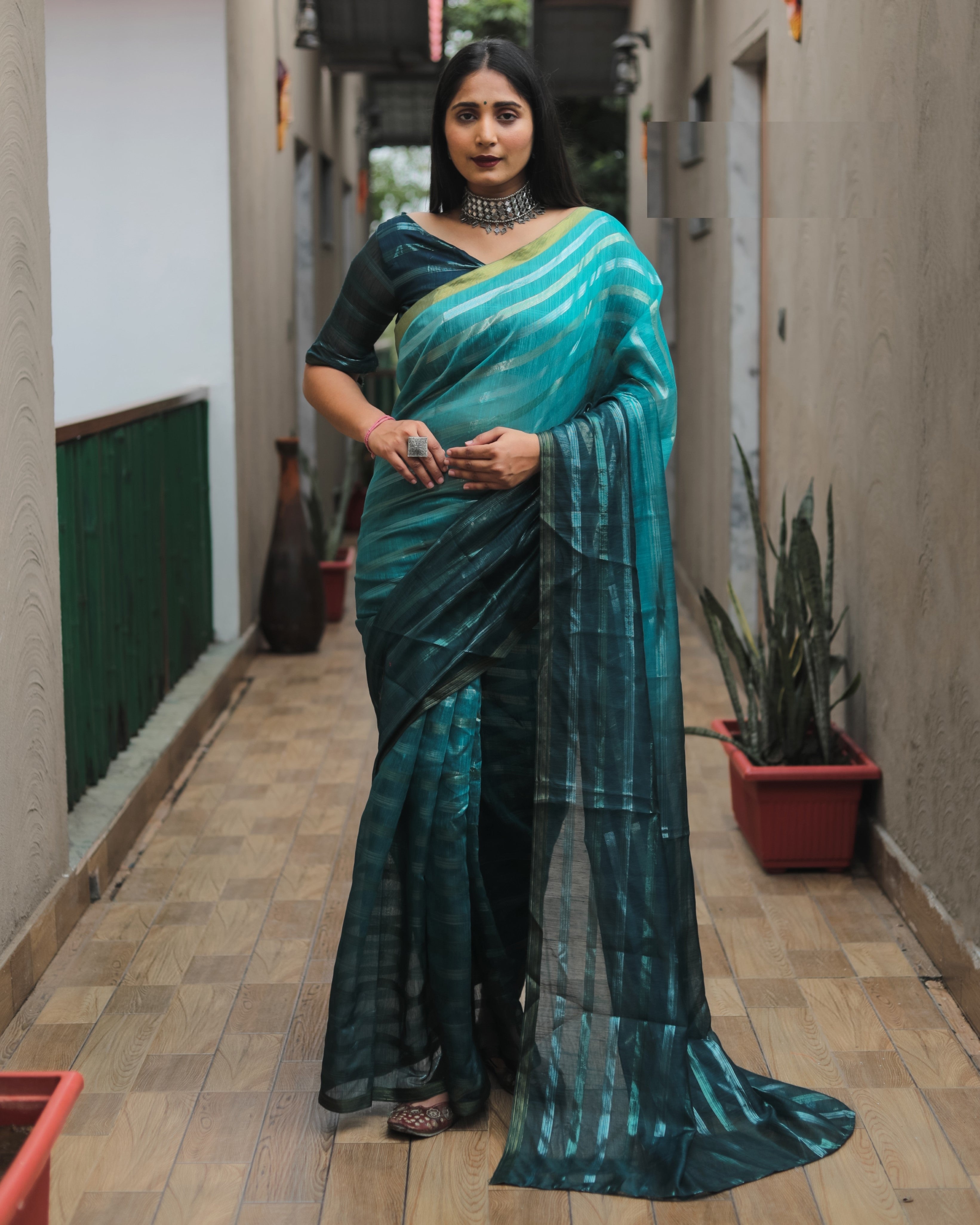 Green High Quality Original Soft Linen Silk Saree With Golden Weaving Stripe