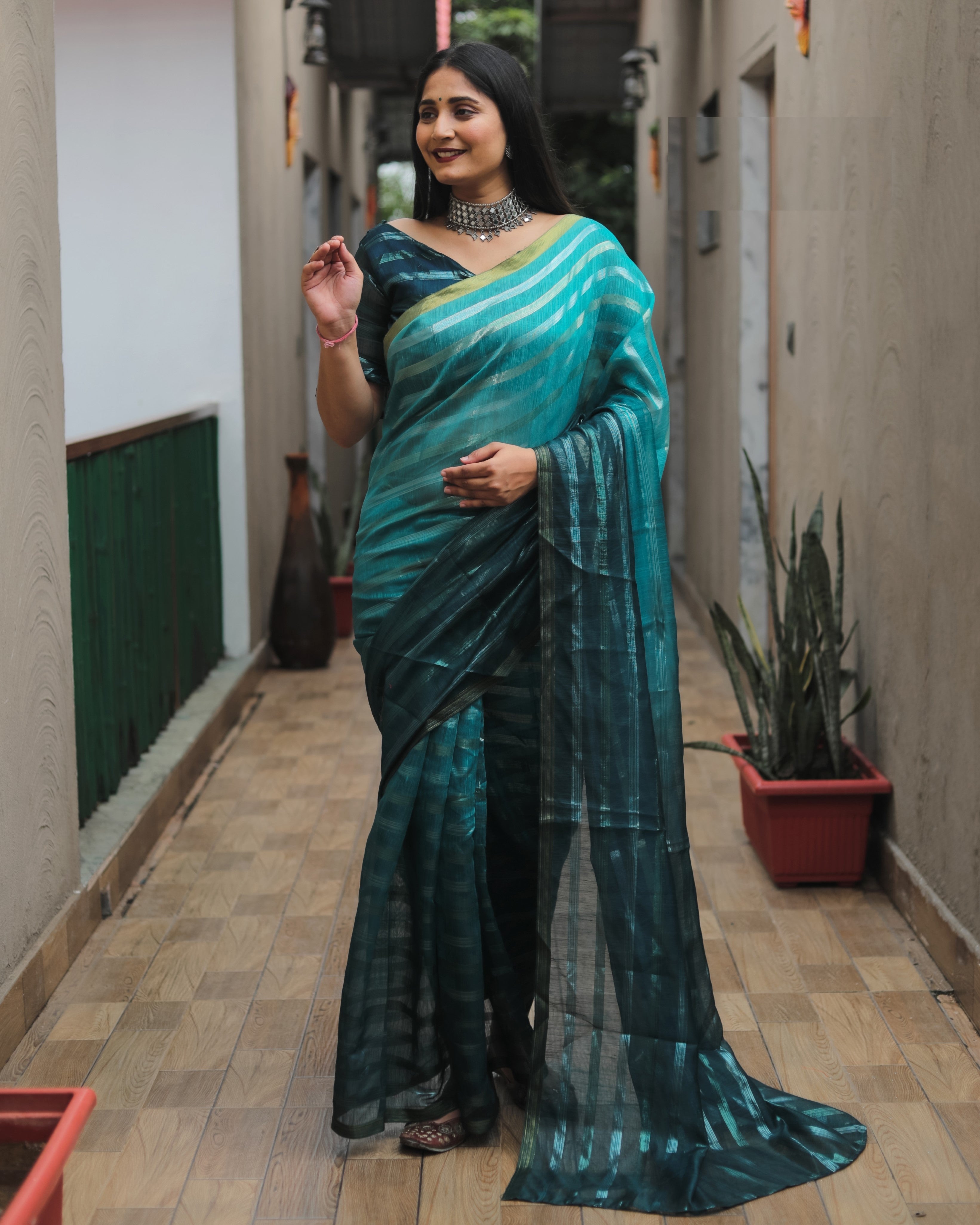 Green High Quality Original Soft Linen Silk Saree With Golden Weaving Stripe