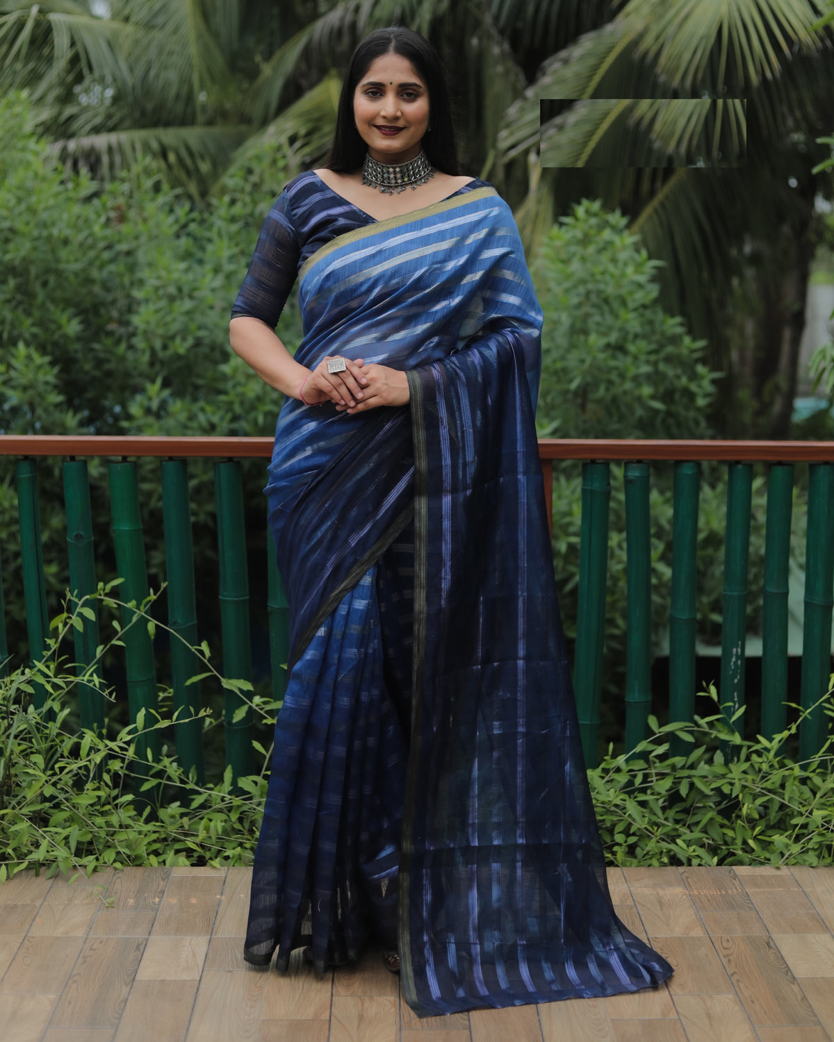 Blue High Quality Original Soft Linen Silk Saree With Golden Weaving Stripe