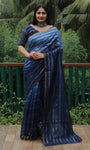 Blue High Quality Original Soft Linen Silk Saree With Golden Weaving Stripe