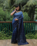 Blue High Quality Original Soft Linen Silk Saree With Golden Weaving Stripe