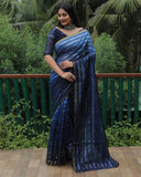 Blue High Quality Original Soft Linen Silk Saree With Golden Weaving Stripe