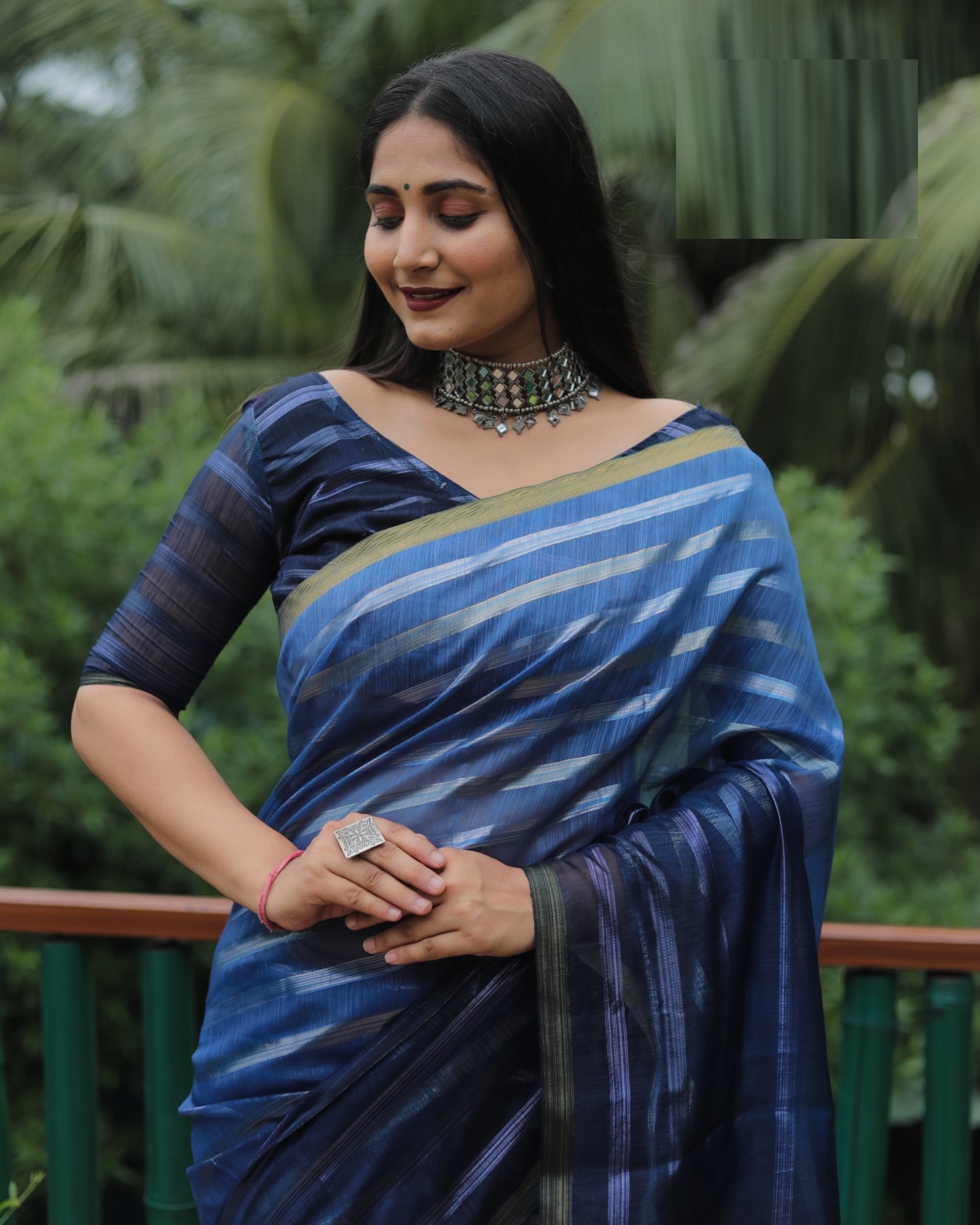 Blue High Quality Original Soft Linen Silk Saree With Golden Weaving Stripe