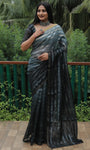 Grey High Quality Original Soft Linen Silk Saree With Golden Weaving Stripe