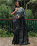 Grey High Quality Original Soft Linen Silk Saree With Golden Weaving Stripe