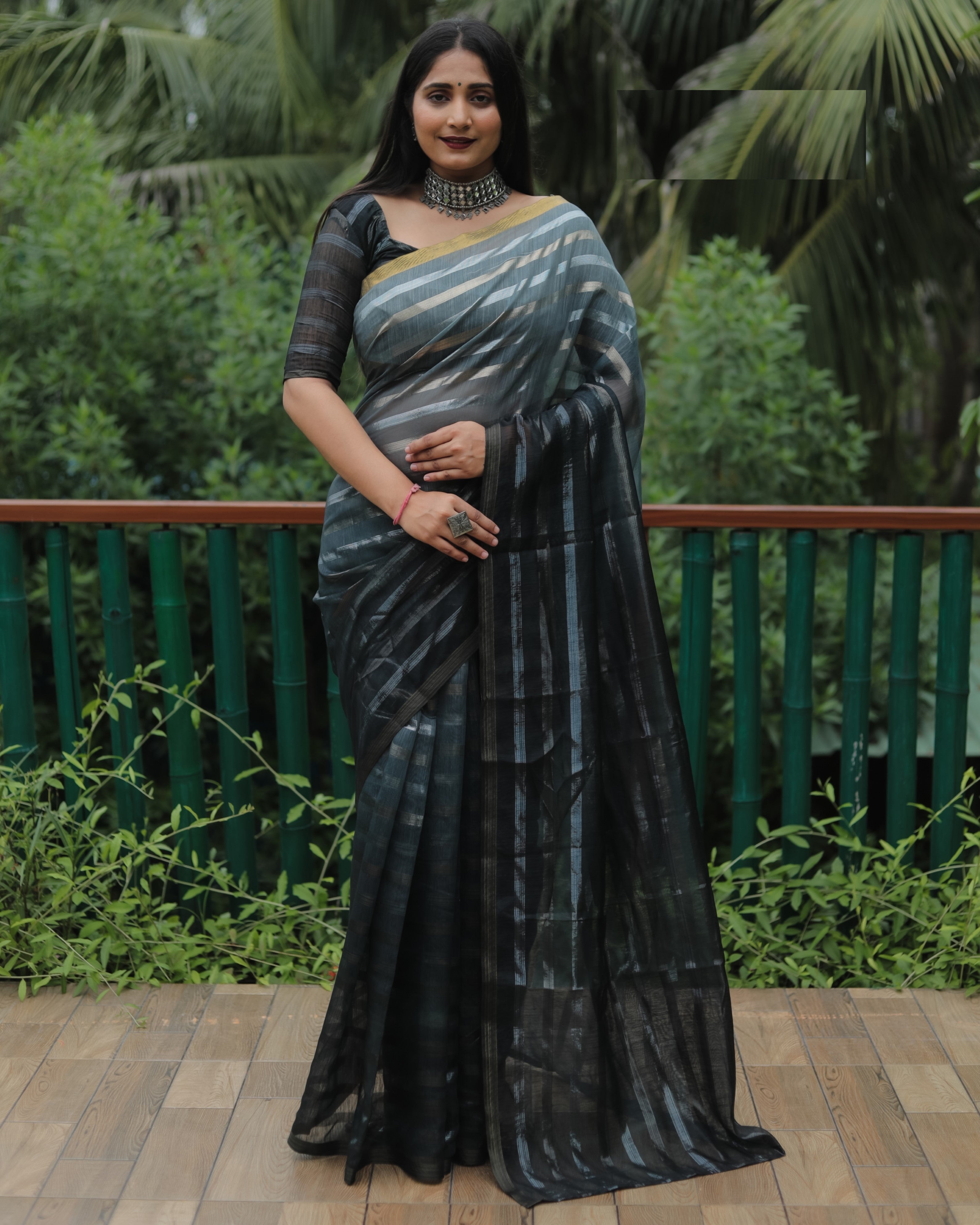 Grey High Quality Original Soft Linen Silk Saree With Golden Weaving Stripe