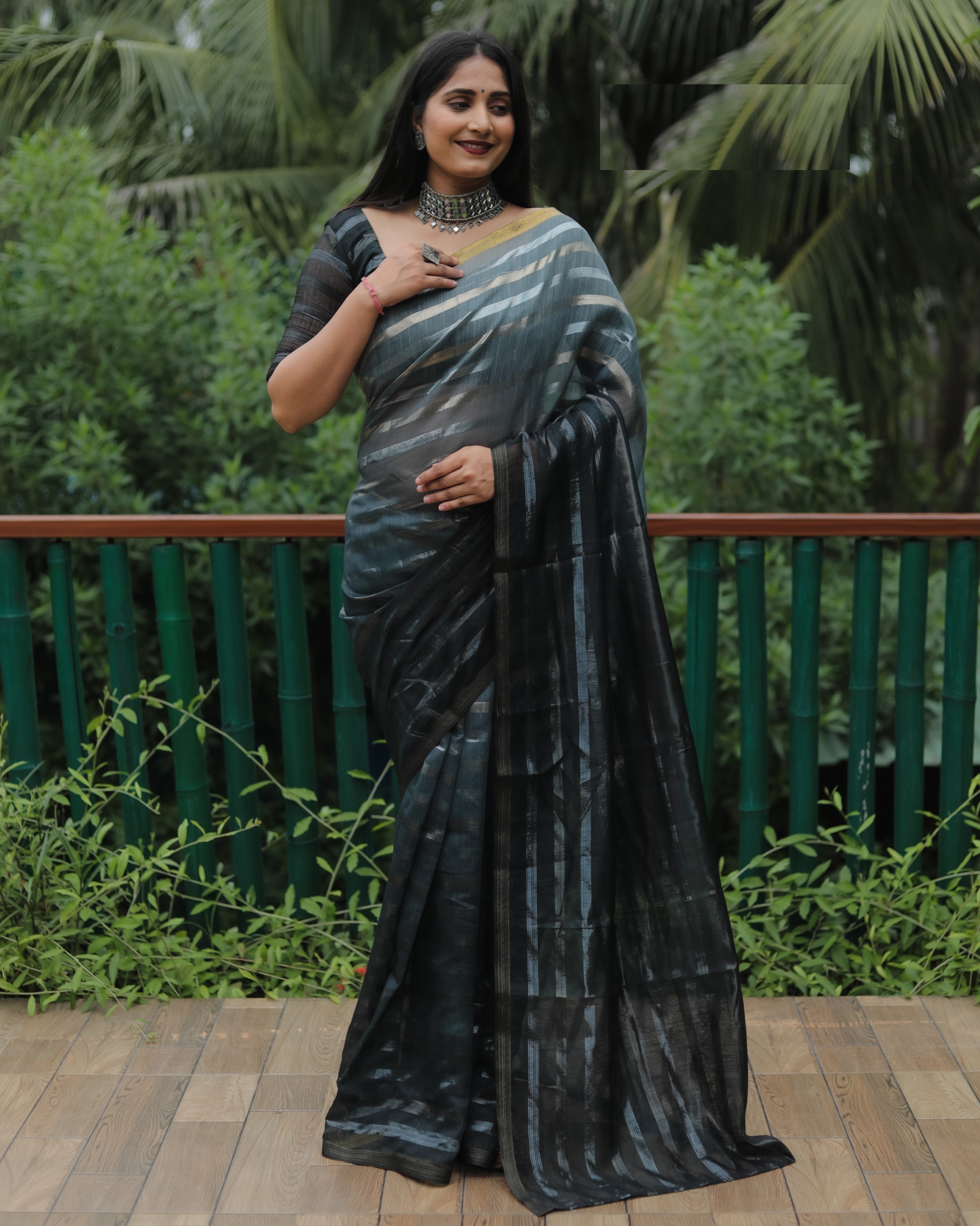 Grey High Quality Original Soft Linen Silk Saree With Golden Weaving Stripe