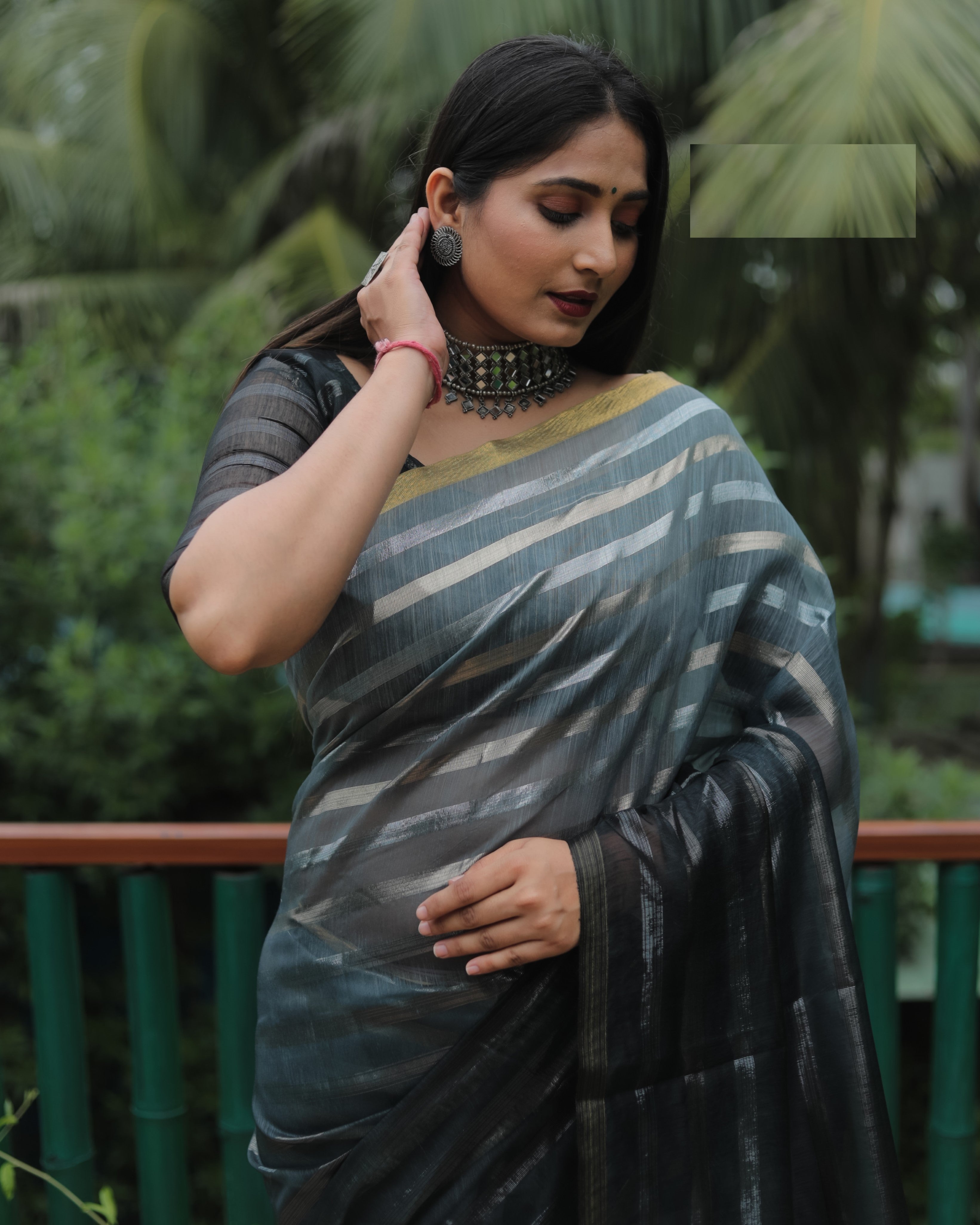 Grey High Quality Original Soft Linen Silk Saree With Golden Weaving Stripe